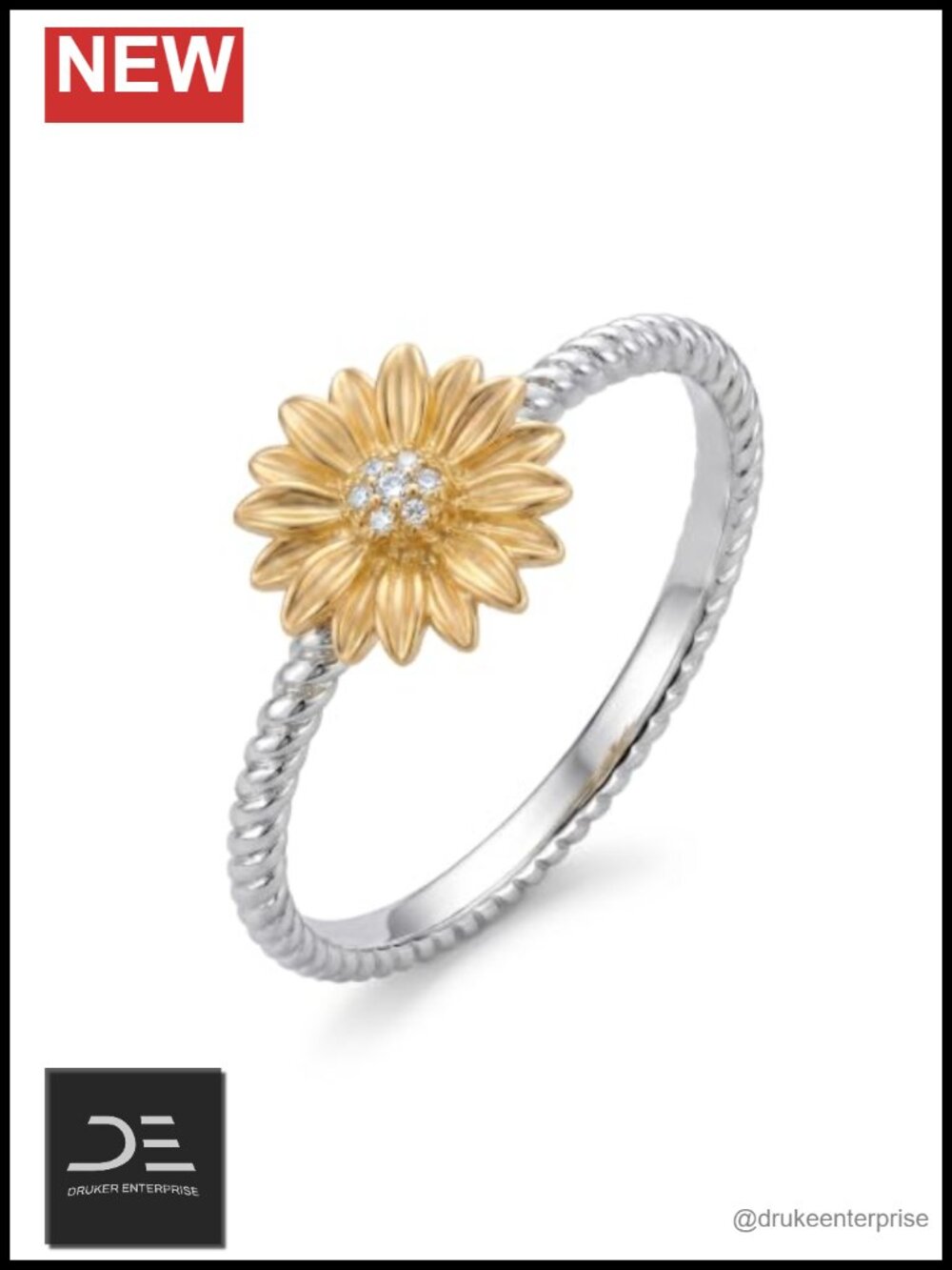 925 Sterling Silver Sunflower Ring with Lab Grown Diamond